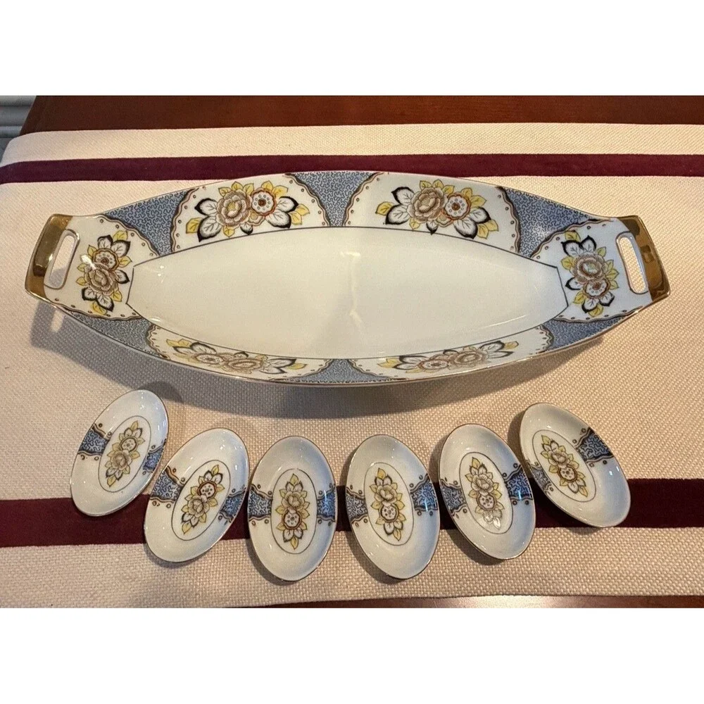 VTG Hand-painted Noritake Porcelain Handled Serving Tray & 6 Small Oval Dishes